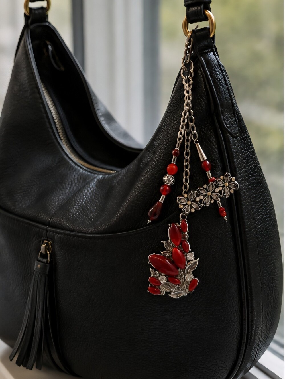 Women's Red Flower Pendant Key Chain/bag Charm- Silver Accents
